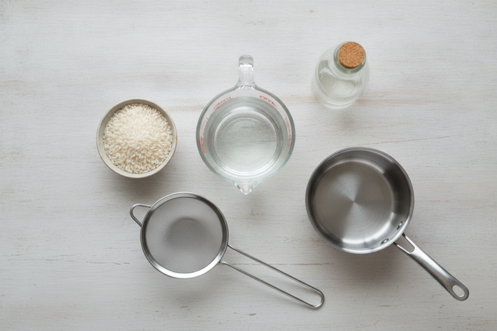 Measured rice, cups water, strainer, and saucepan for a DIY rinse Measured rice, cups water, strainer, and saucepan for a DIY rinse