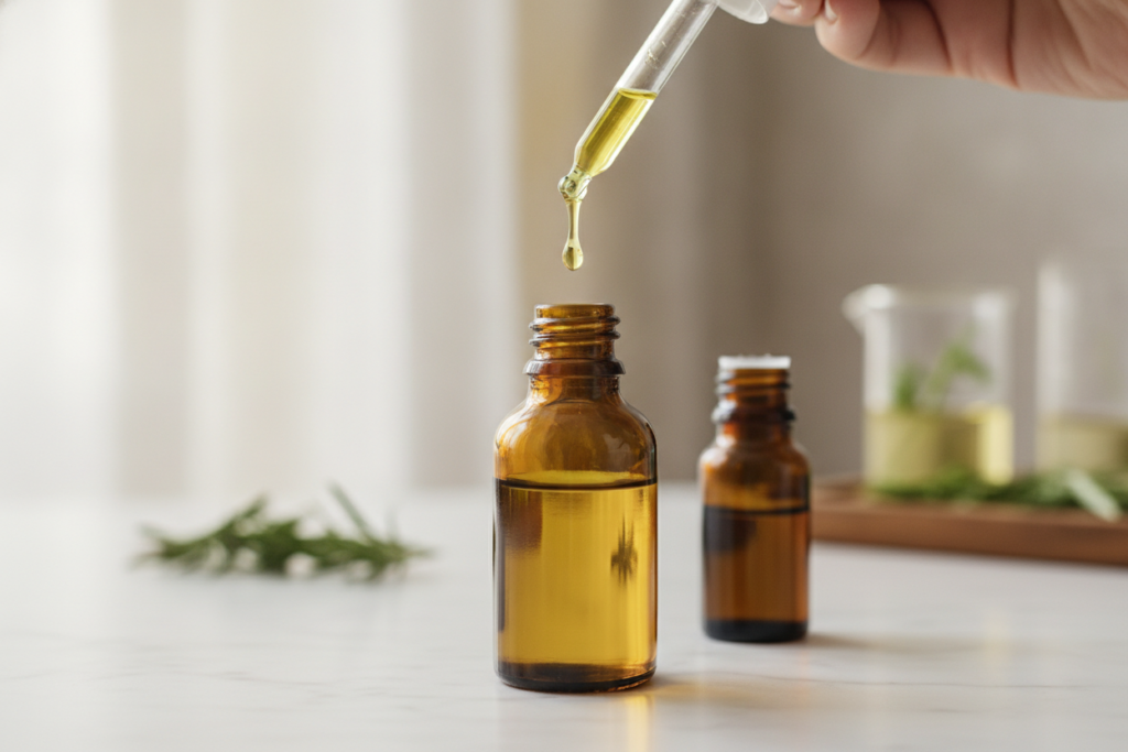 Measuring drops of rosemary essential oil into a carrier oil Measuring drops of rosemary essential oil into a carrier oil