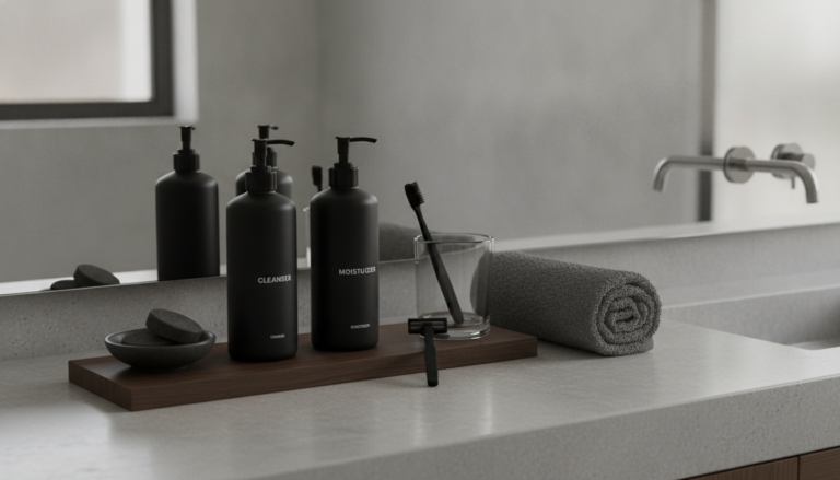 Men's skincare products arranged on bathroom counter