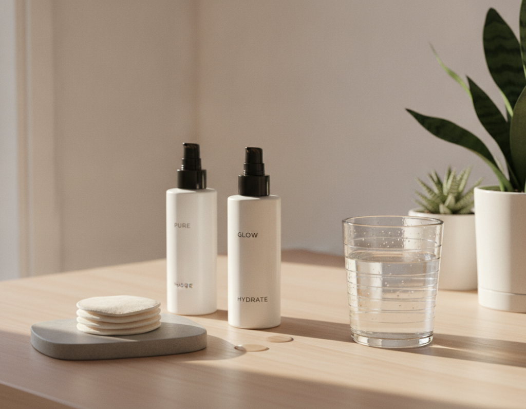Minimalist skincare routine products with natural lighting Minimalist skincare routine products with natural lighting