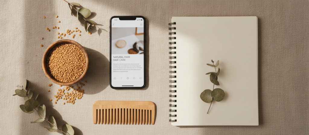 Mobile phone showing a natural hair care article beside fenugreek seeds