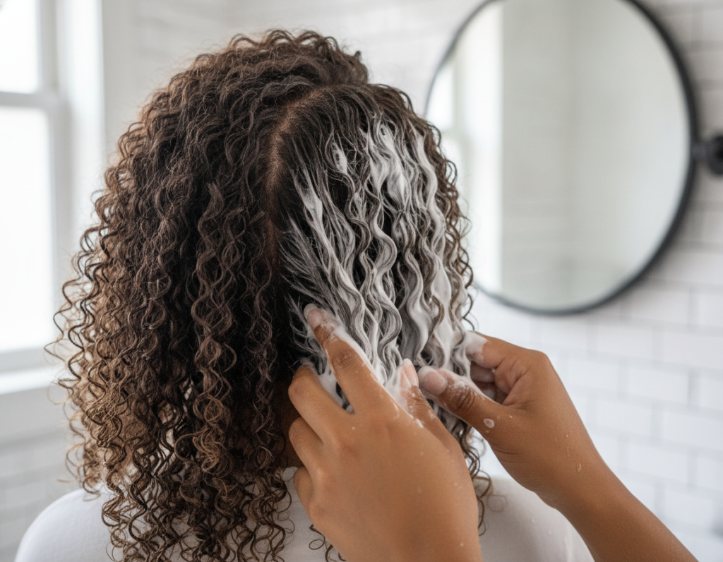 Moisturizing conditioner applied to defined curly hair