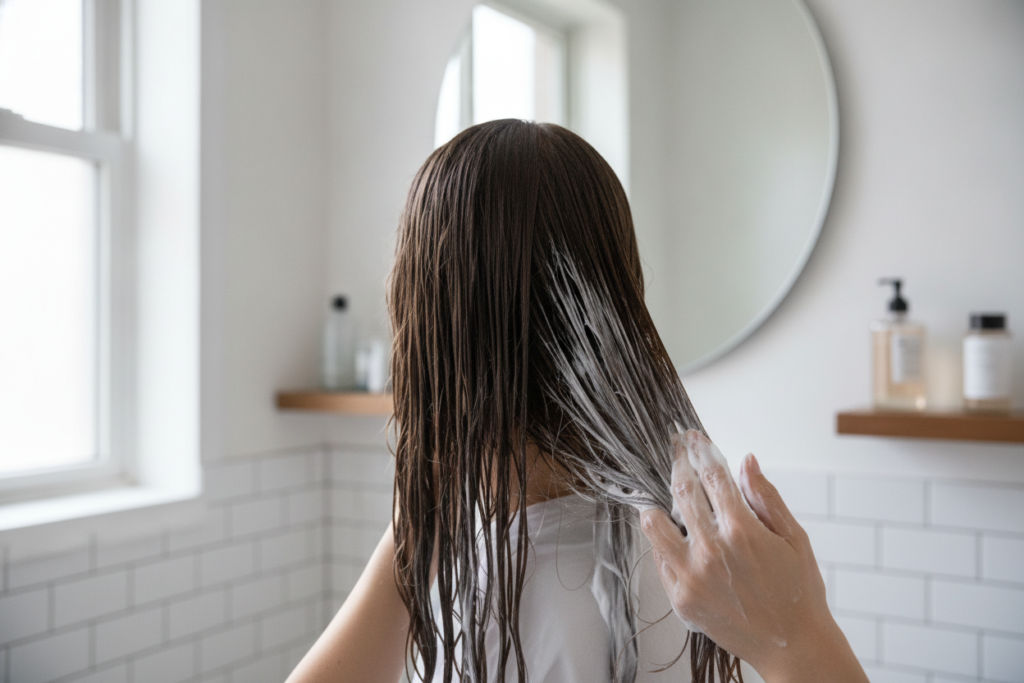 Moisturizing hair mask applied to mid-lengths and ends