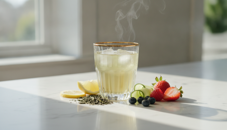 Morning Drink for Healthy Skin in elegant glass with fresh ingredients