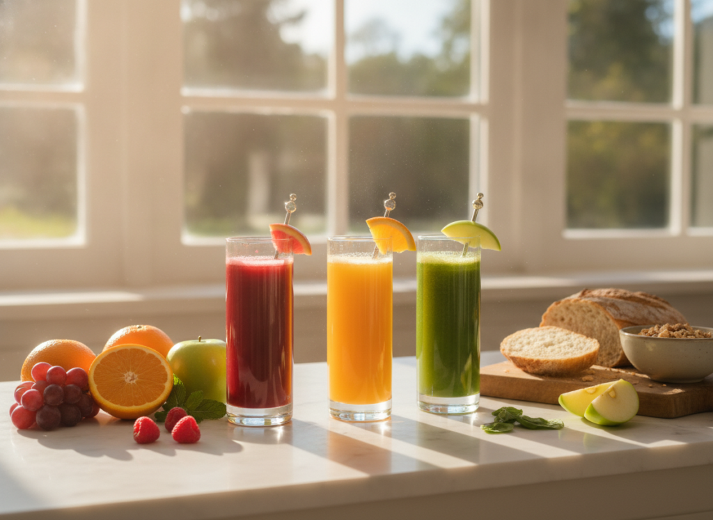 Morning healthy skin juice recipes in glasses with fresh ingredients for natural glow