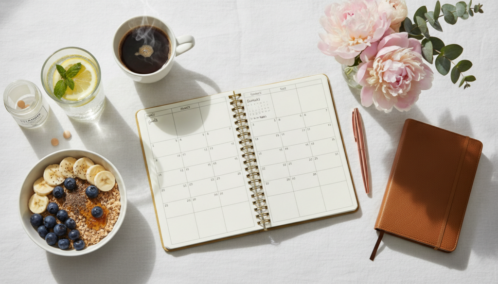 Morning routine aesthetic with organized essentials Morning routine aesthetic with organized essentials