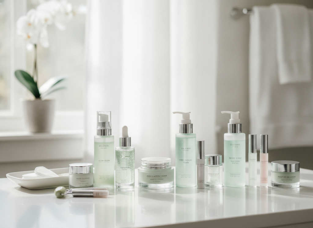Morning skincare products laid out on bathroom counter