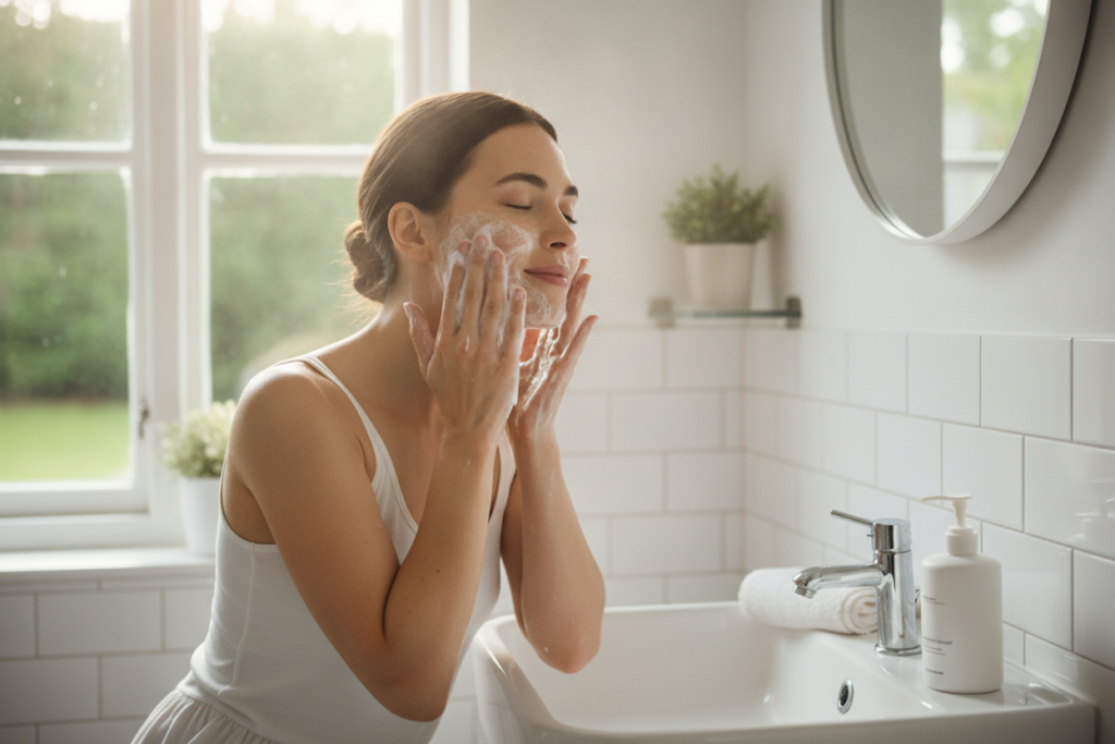 Morning skincare routine demonstrating proper face cleansing technique Morning skincare routine demonstrating proper face cleansing technique