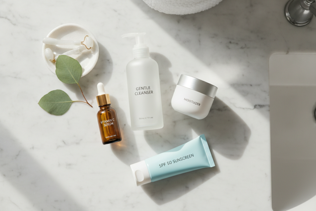 Morning skincare routine products arranged on bathroom counter