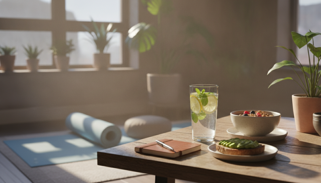 Morning wellness routine setup with detox water and healthy breakfast