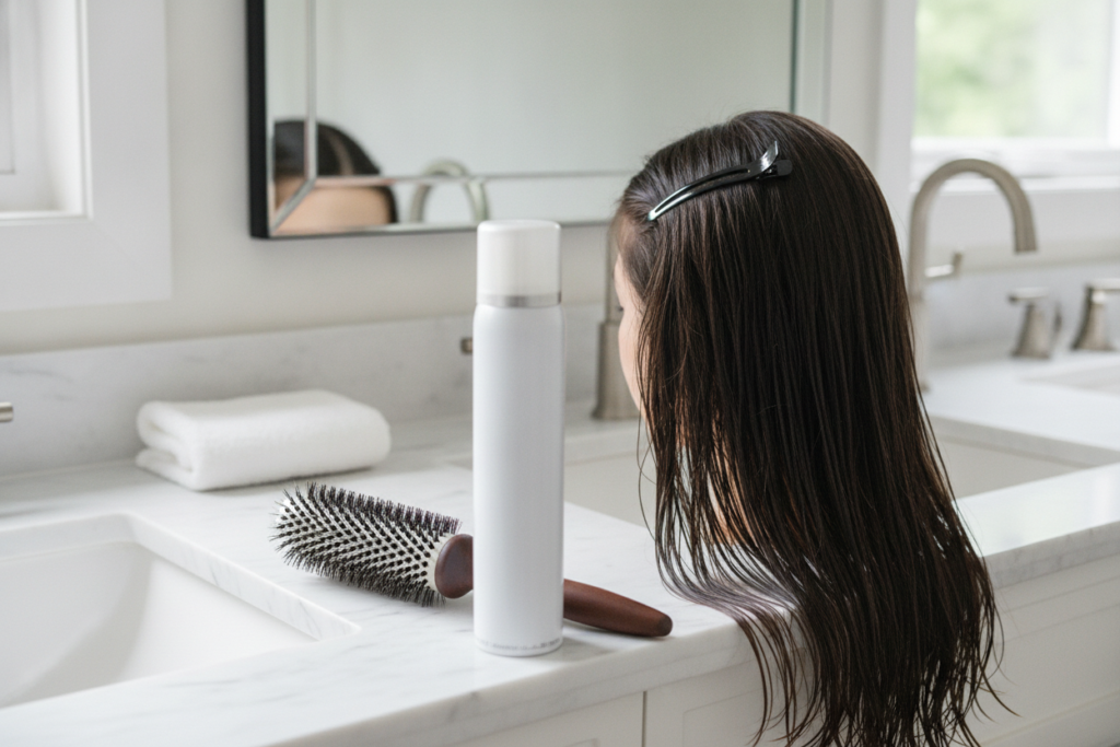 Mousse and styling brush prepared for adding body