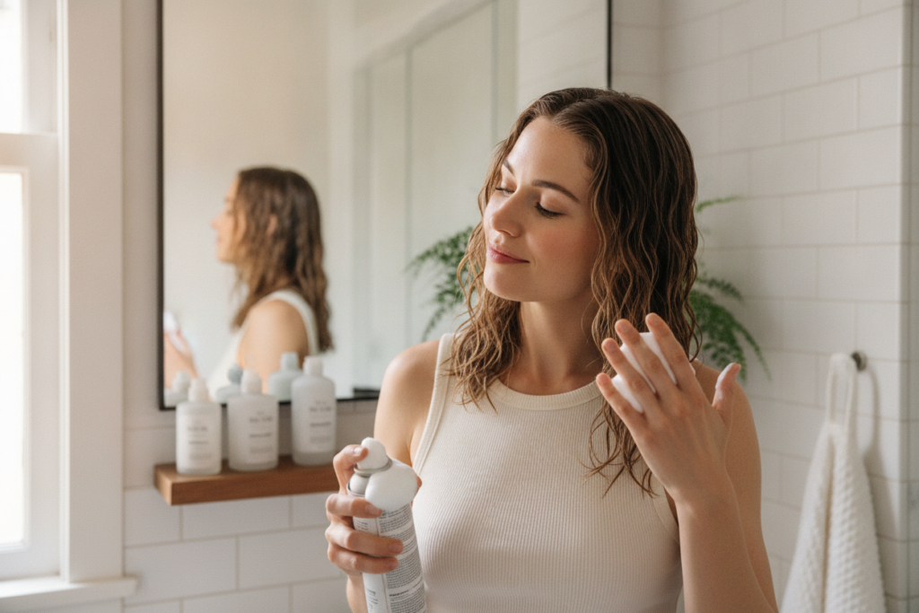 Mousse applied to damp wavy hair