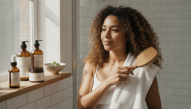 Natural Hair Growth Tips shown with healthy textured hair and a calm scalp-care setting