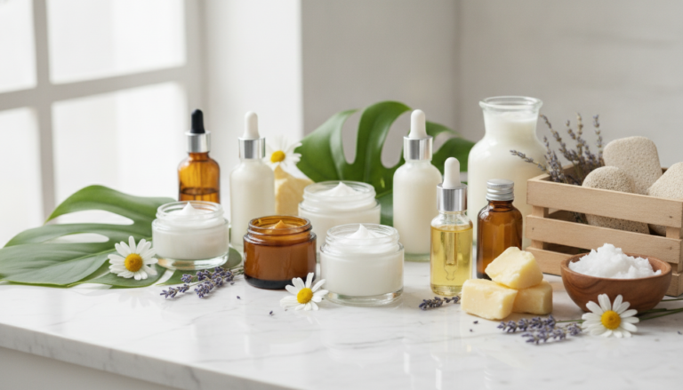 Natural Skin Care Products arranged beautifully with fresh botanical ingredients