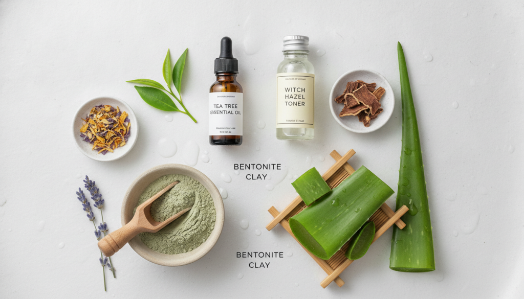 Natural acne treatment ingredients including tea tree oil