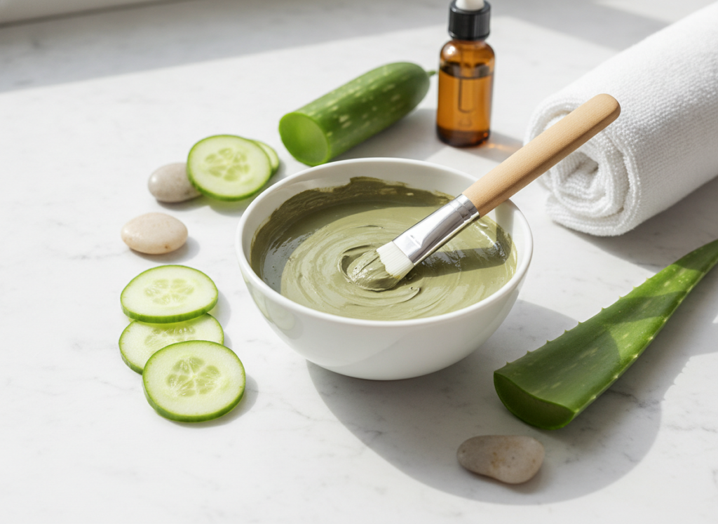 Natural clay face mask in bowl with application brush