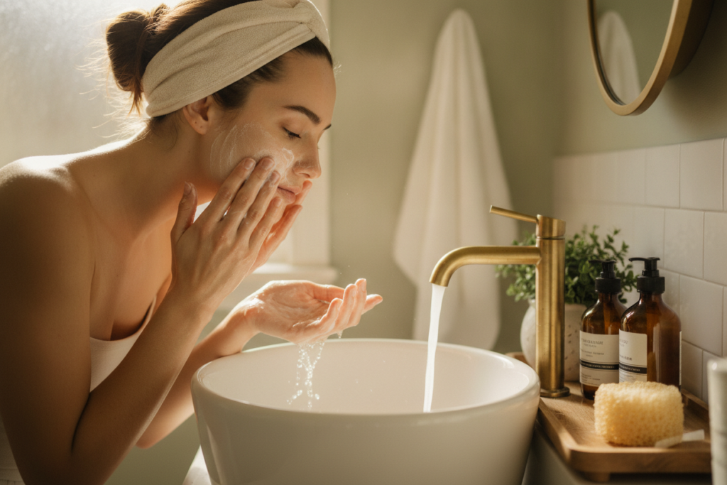 Natural daily cleansing routine for clear skin with gentle face wash application