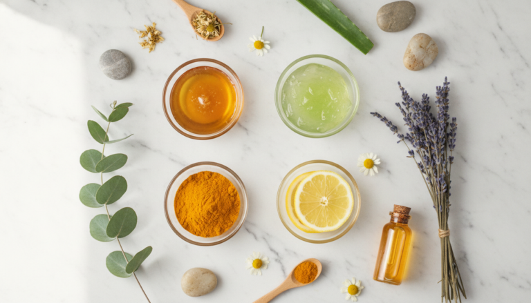 Natural face pack ingredients for glowing skin including honey, aloe vera, and turmeric