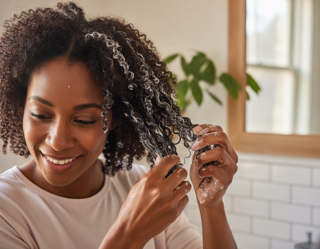 Natural hair being moisturized with a creamy conditioner Natural hair being moisturized with a creamy conditioner
