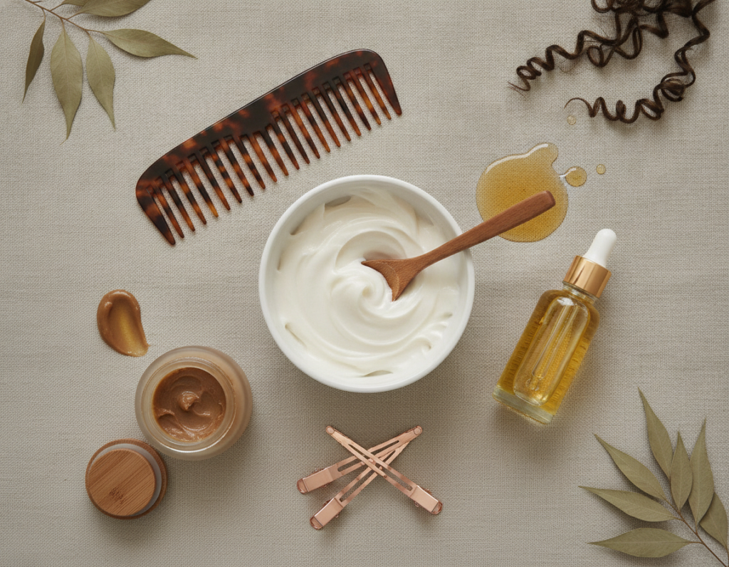 Natural hair care routine with conditioner cream and oil Natural hair care routine with conditioner cream and oil