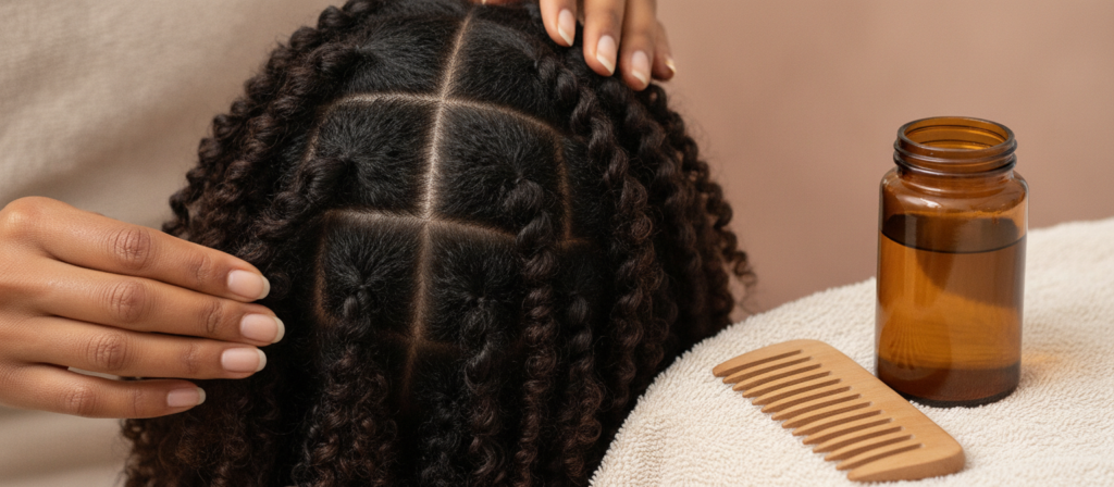 Natural hair care routine with oil applied to textured hair sections Natural hair care routine with oil applied to textured hair sections