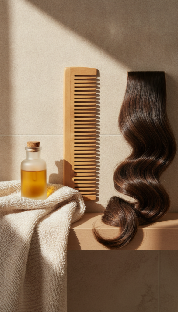 Natural hair-care tools with towel comb and oil