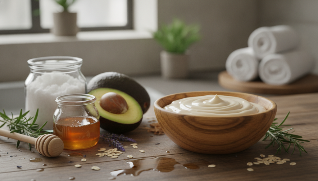 Natural hair mask in bowl with coconut oil and honey