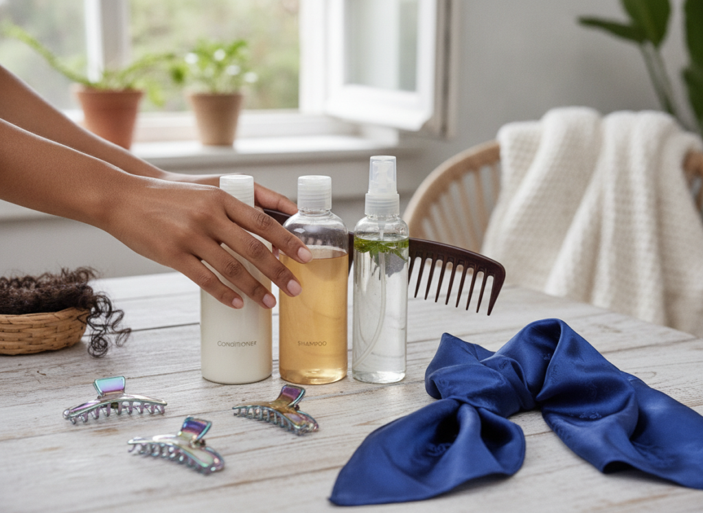Natural hair routine planning with products and satin accessories