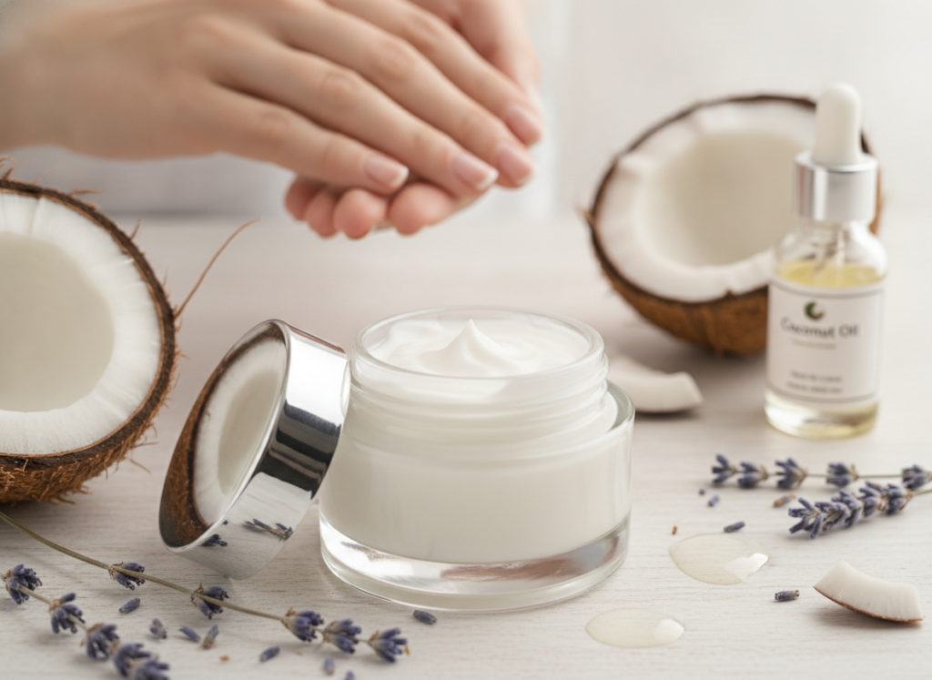 Natural hand cream in jar with soft hands