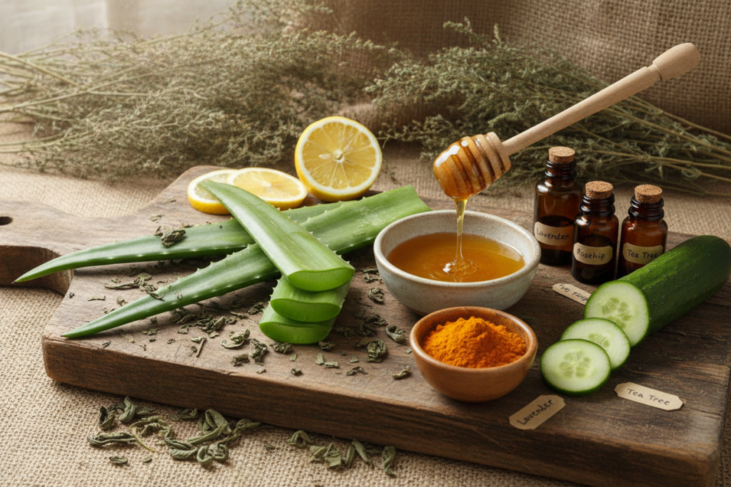 Natural ingredients for clear skin including aloe vera, honey, and tea tree oil Natural ingredients for clear skin including aloe vera, honey, and tea tree oil