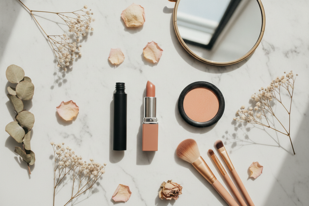 Natural makeup products aesthetic arrangement Natural makeup products aesthetic arrangement