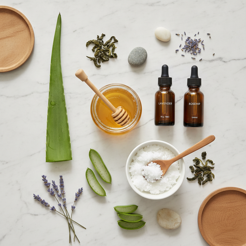 Natural skincare ingredients including honey, aloe vera, and essential oils