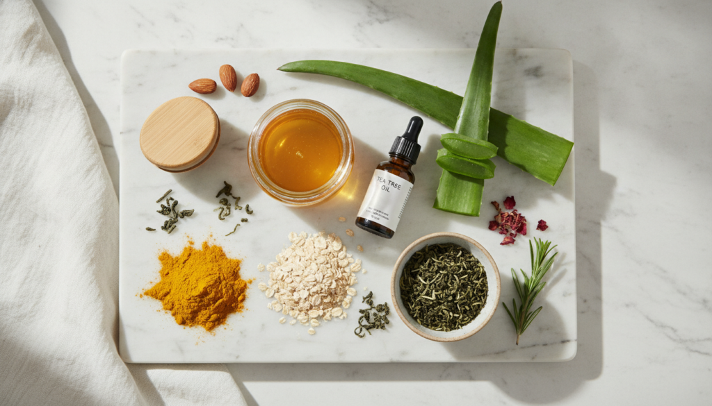 Natural skincare ingredients including honey, aloe vera, tea tree oil for clear skin