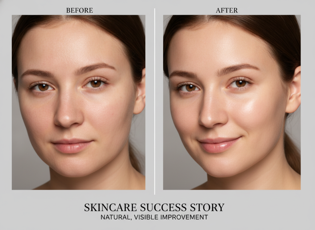 Natural skincare journey showing healthy glowing skin transformation