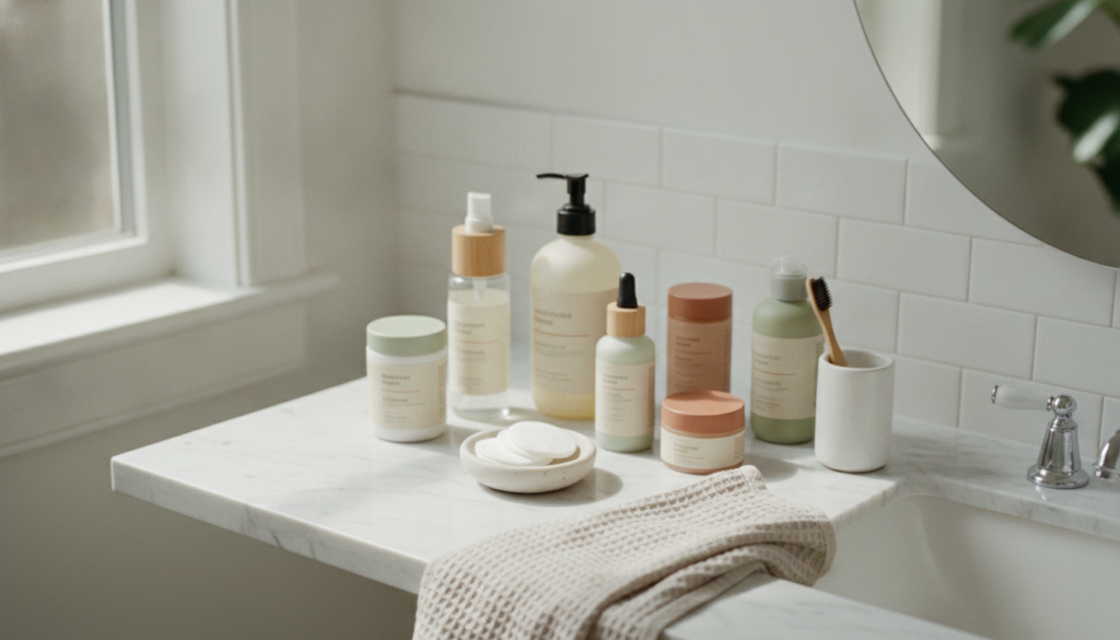Natural skincare products arranged on bathroom counter for daily routine