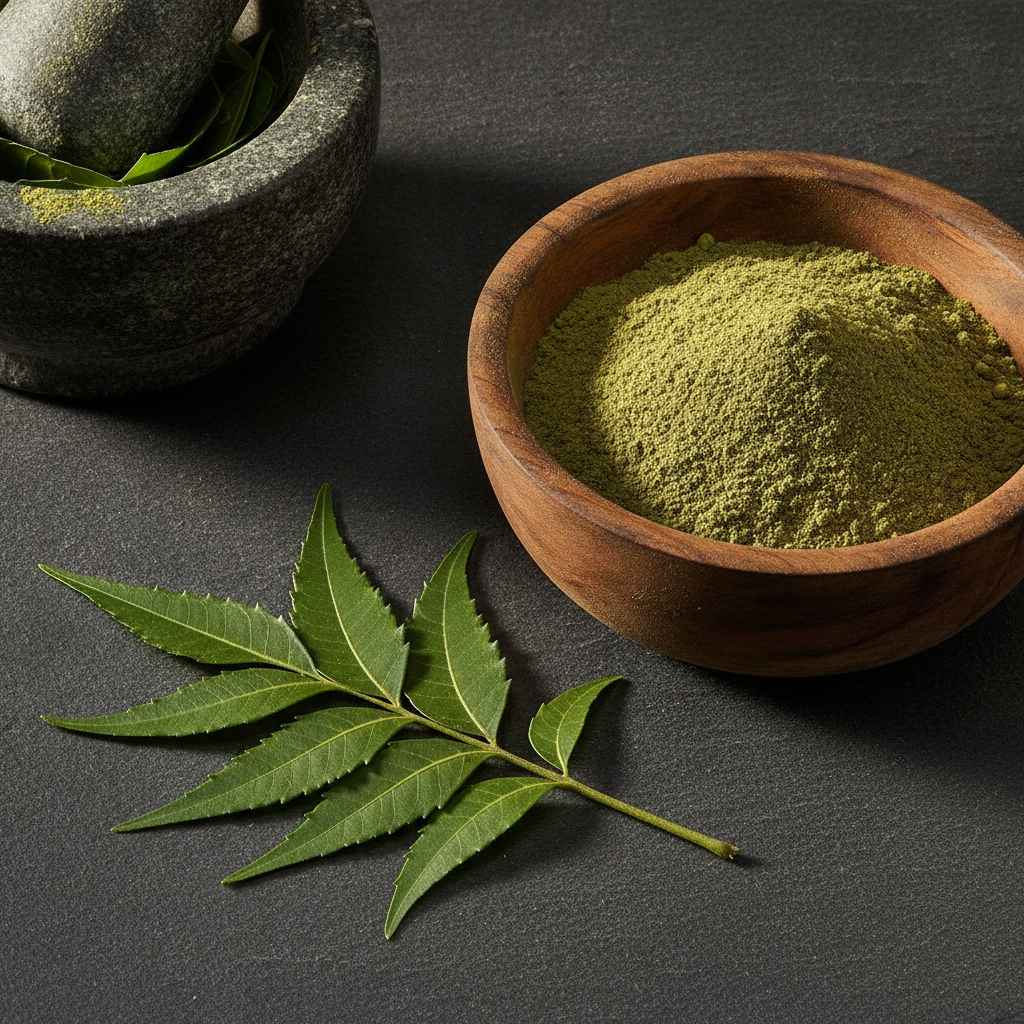 Neem powder face mask in wooden bowl with neem leaves Neem powder face mask in wooden bowl with neem leaves