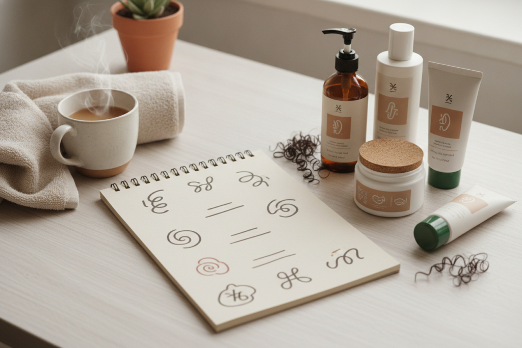 Notebook and curly hair products used to plan a weekly routine