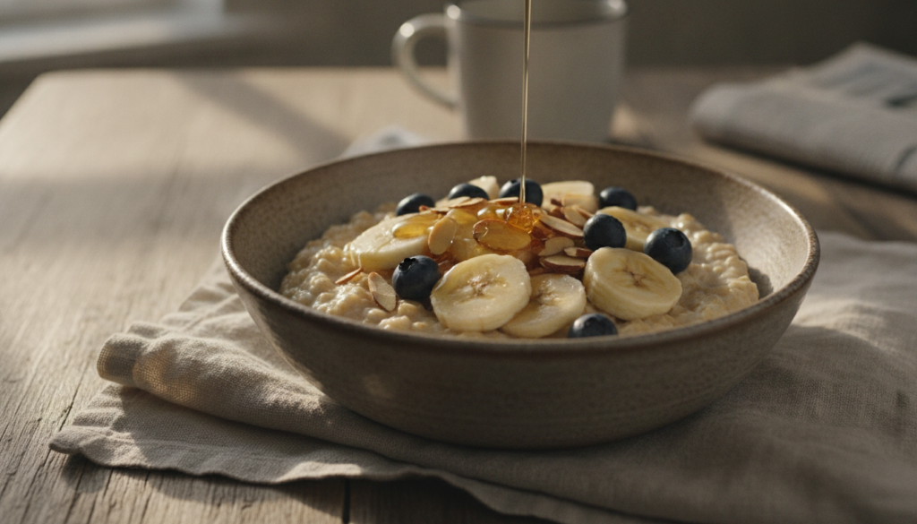 Oatmeal bowl with almonds, berries, and honey Oatmeal bowl with almonds, berries, and honey