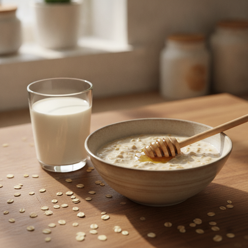 Oatmeal face mask with milk in rustic bowl Oatmeal face mask with milk in rustic bowl