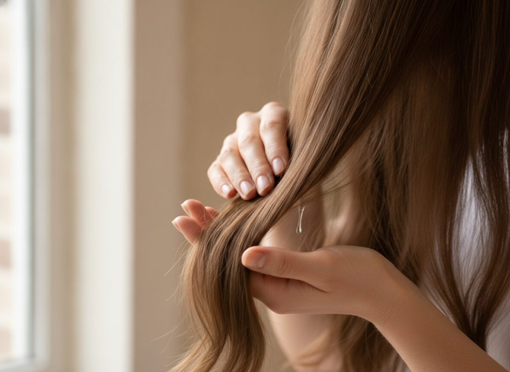 Oil smoothed over the ends of long hair to support moisture Oil smoothed over the ends of long hair to support moisture
