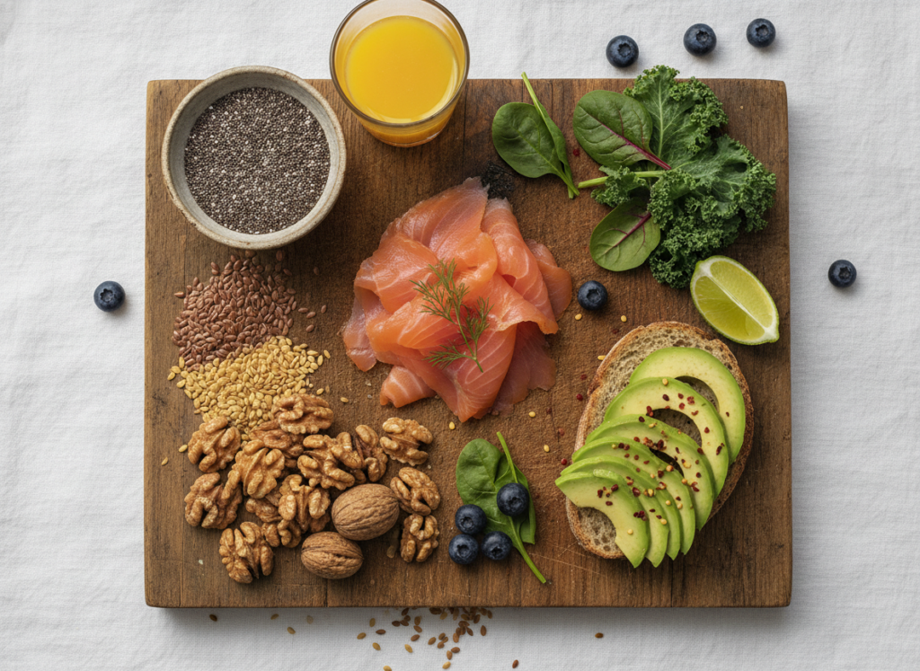 Omega-3 rich foods including salmon, chia seeds, and walnuts Omega-3 rich foods including salmon, chia seeds, and walnuts