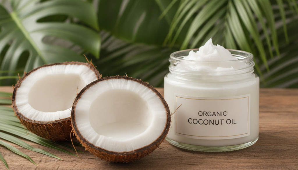Organic coconut oil in jar with fresh coconut for moisturizing skin care home remedies