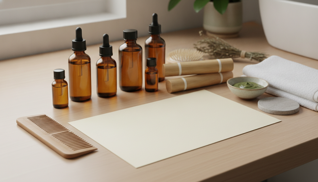 Organized hair growth products and care notes for a weekly routine