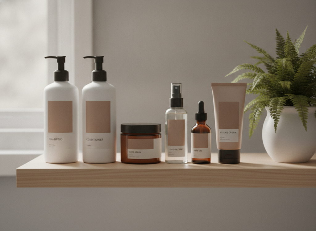 Organized haircare routine products for healthy-looking hair