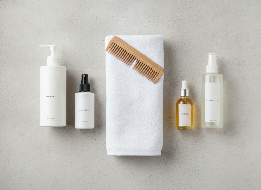 Organized healthy hair routine products ready for a weekly care plan