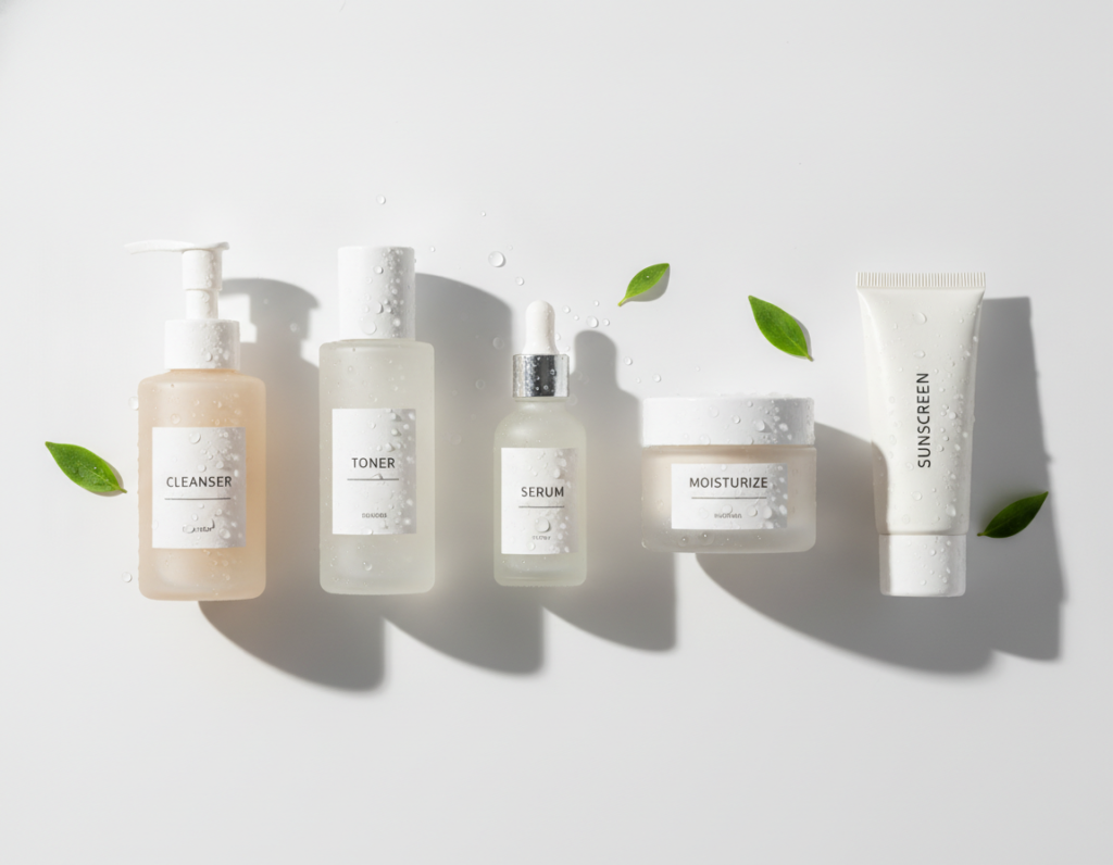 Organized skincare products arranged in order of application on a clean surface