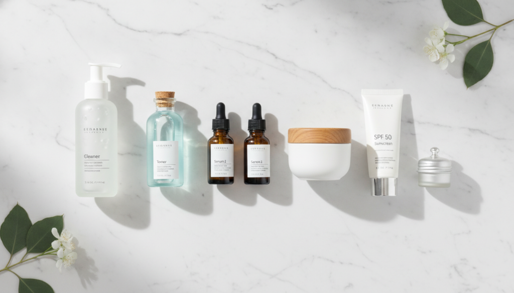Organized skincare products arrangement showing routine essentials Organized skincare products arrangement showing routine essentials