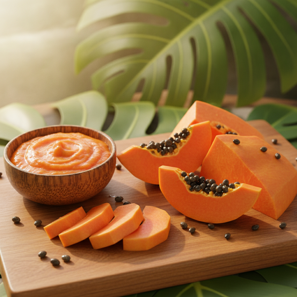Papaya enzyme face mask in bowl with fresh papaya pieces Papaya enzyme face mask in bowl with fresh papaya pieces