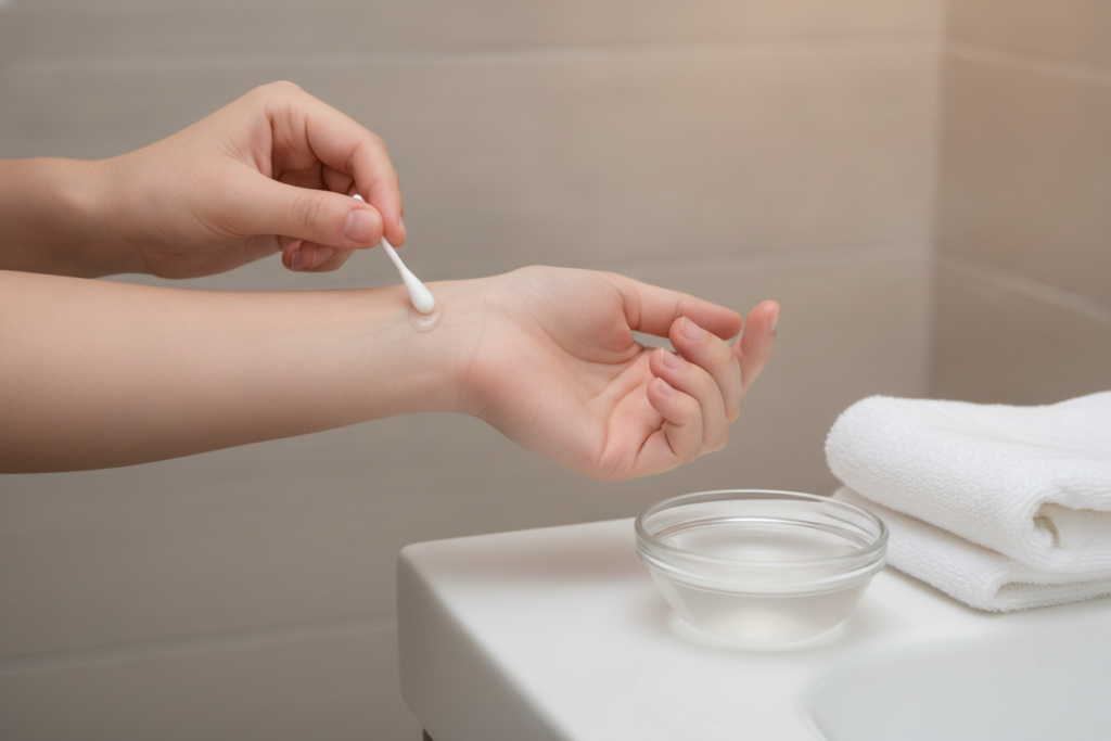 Patch testing a diluted rice water rinse safely on the inner arm Patch testing a diluted rice water rinse safely on the inner arm