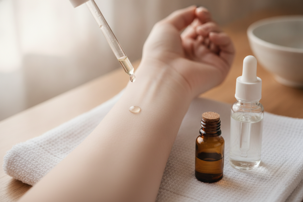 Patch testing diluted essential oil on the inner arm